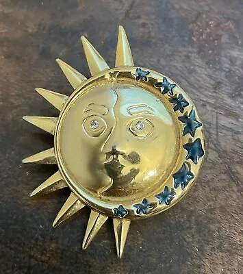 Celestial Sun Moon Enamel Stars Rhinestone Eyes Brushed & Shiny Gold Tone Brooch • $18.02