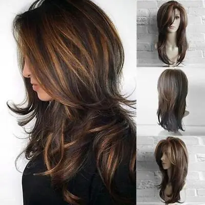 Women Dark Brown W/Gold Highlight Ombre Shoulder Length Wig Synthetic Curly Hair • $12.86