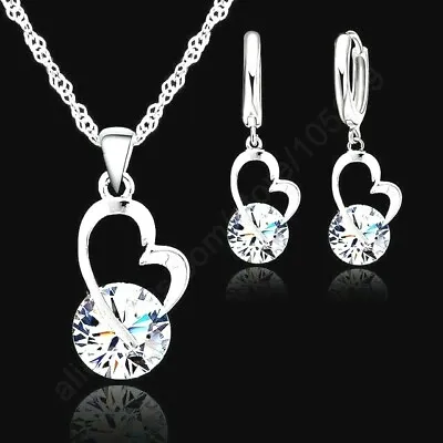 £5.29 • Buy 925 Sterling Silver CZ Crystal Heart Pendant And Necklace And Earring Set **UK**