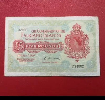 FALKLAND ISLANDS ( 1960 RARE SCARCE DATE ) 5 POUNDS 1st ISSUE RARE BANKNOTEF+ • £53.01