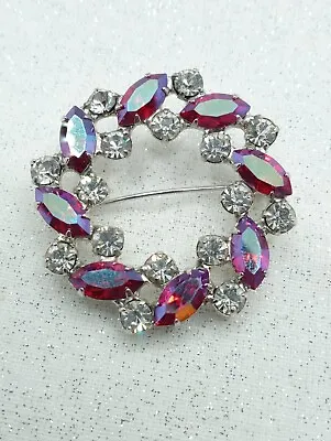 Vintage B David Red AB Wreath Brooch Austrian Crystals Rhodium Plated Pin • $19.36