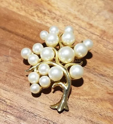 Vintage Gold Tone Faux Pearl Tree Fruit Brooch Pin • $11.99