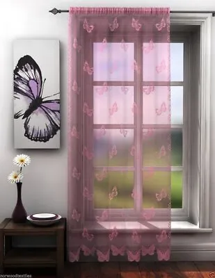Pink Butterfly Lace Sheer Unlined Voile Net Curtain Slot Top Single Panel • £14.99