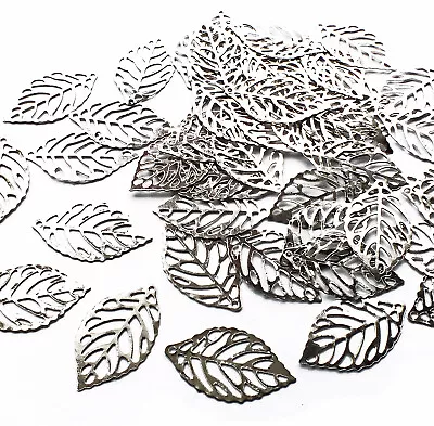 50 Filigree Leaves Leaf Shape Embellishments Charms Craft 23mm Silver Tone Metal • £2.42