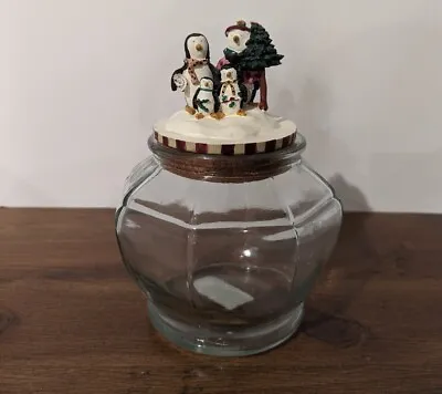 Christmas Glass Candy/Cookie Jar Octagonal W/Decorative Lid & Penguin Figurine • $30