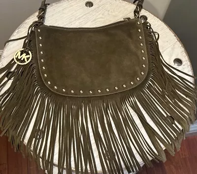 Michael Kors Billy Fringe Messenger Boho Hippie Bag Green Suede Studded • $99