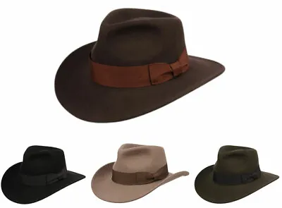 Premium Wool Felt Indiana Jones Fedora Hat W/Grosgrain Band Crush-able Outback • $43.88