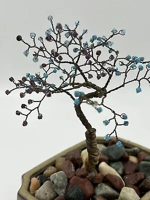 Tree Of Life For Luck Brass Turquoise Amethyst Gems Wire Sculpture Ceramic Bowl • $32