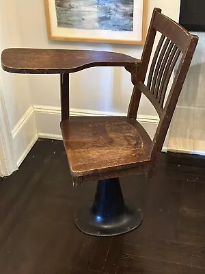 Vintage Antique Student Mission Oak Wood School Chair & Desk With Cast Iron Base • $225