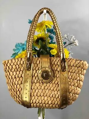 MICHAEL KORS Santorini Raffia Studded Gold Leather Trims Straw Shoulder Bag • $85.49