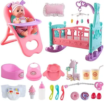 Baby Doll Feeding Toy Set Milk Bottles Crib Pretend Play Set 21 Pieces For Kids • £23.59