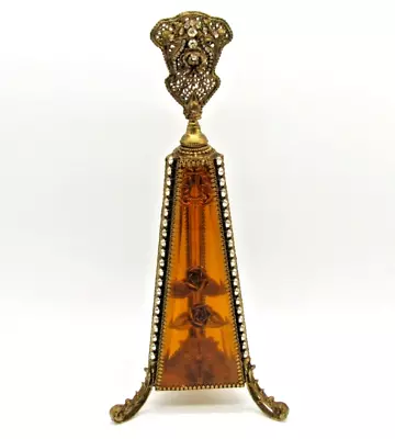 Vintage Matson Vanity Jeweled Gilt Perfume Bottle Beveled Amber Glass Roses • $235