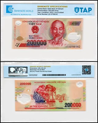 Vietnam 200000 Dong 2022 P-123m UNC Polymer Authenticated Banknote • $39.99