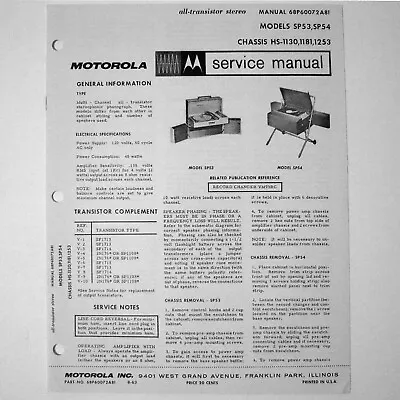 Motorola ® Model SP53 SP54 All Transistor Radio Service Manual © 1963 • $4.70
