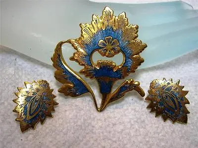 1985 MMA Blue Enamel INDIAN MOGHUL Design FLOWER Pin Brooch Pendant Earrings • $59.99