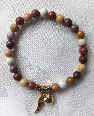 £4.50 • Buy Mookaite 6mm Natural Gemstone Beaded Bracelet With Angel Wings And Heart Charms 