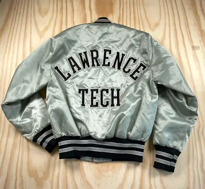 VTG 80s Michigan Lawrence Tech Satin Bomber Jacket Adult Medium Silver Holoway • $40