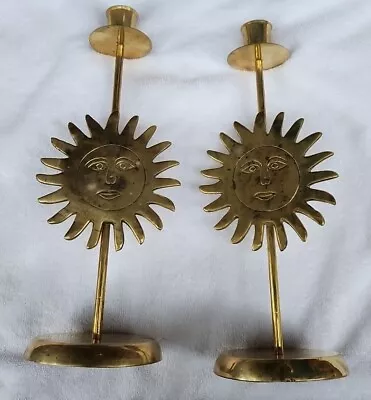 VTG Brass Candlestick Candle Holder Pair Sunburst Celestial Astrological  • $39.99