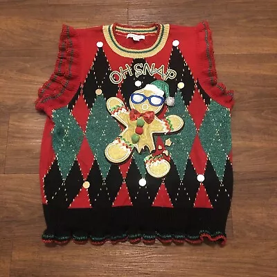 Ugly Christmas Sweater Vest Gingerbread Man Oh Snap Size XL Sparkle 3D Funny • $24.88