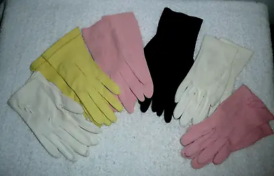 Lot 6 Pr Vintage Ladies Cotton Blend Gloves Pink Blue Black White Yellow Sz Sm • $12.99
