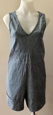 ALPHA60 Blue Stripes Sleeveless V Neck One Piece Short Jumpsuit Pocket Size XS • $49