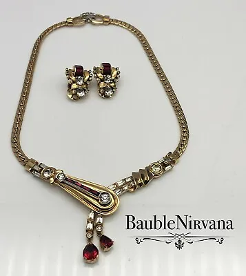 Vintage Mazer Bros Gorgeous Red&Rhinestone Baguette Drape Necklace&Earrings Set • $383.99