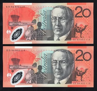 1994 AUSTRALIA 20 DOLLARS BANKNOTES - UNCIRCULATED CONSECUTIVE PAIR - R416a • $135