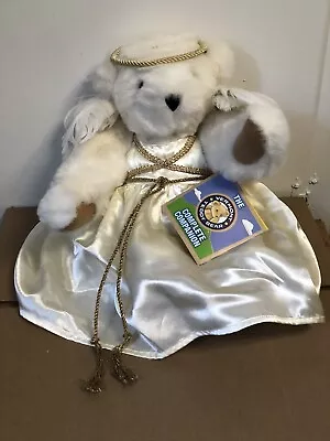 Vermont Angel Teddy Bear With Halo -White Dress -Feathered Wings-Gold Sash • $15.95