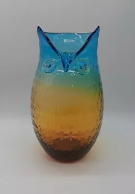 Vintage Handblown Art Glass Waffle Pattern Turquoise And Amber Owl • $55