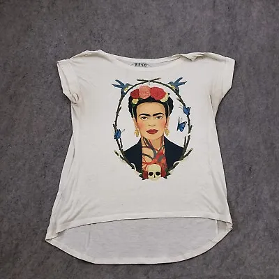 Frida Kahlo Shirt Womens Medium White Red Short Sleeve Top High Low Mexico * • $9.59