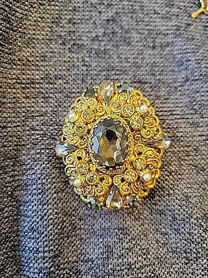 VTG West Germany Gorgeous Filigree Layered Brooch Pin Gray And White Rhinestones • $63