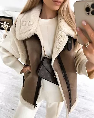 $50.01 • Buy Zara 2969/256 Brown Contrast Faux Shearling Gilet Fur Waistcoat Aviator Jacket M