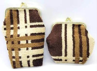 Chenille Carpet Coin Purse Kiss Lock Brown Retro Mid Century Set Of 2  - VINTAGE • $36