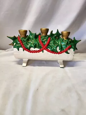 Vintage Atlantic Mold Christmas Yule Log Candle Holder Holly Berries Ceramic  • $22.95