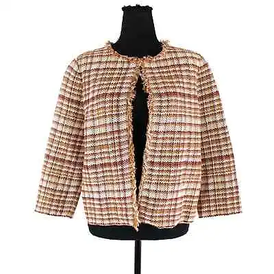 MaxMara Tilly Gold Burgundy Woven Plaid Jacket Medium Red Cotton Fringe Blazer • $69