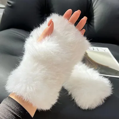 Women's Warm Real Rex Rabbit Fur Gloves Winter Knitted Wrist Fingerless New • $21.88