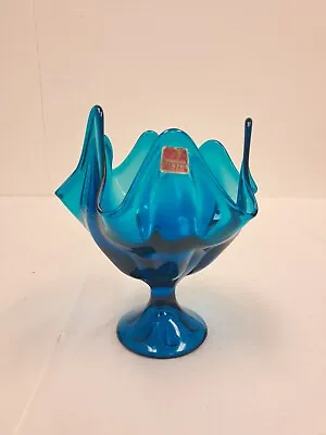 Vintage Viking Bluenique Epic 6 Petal Crimped Compote Hankerchief Vase Glass • $44.99