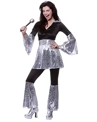 NEW 1970's Mamma Mia Black & Silver Abba Ladies Fancy Dress Costume Top & Flares • £31.99