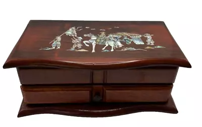 Beautiful Vintage Wooden Jewelry Box W/ Mother  Of Pearl Inlay Asian Horse Scene • $19