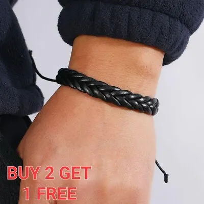 Mens Braided Surfer Wristband Leather Bracelet Bangle Wrap Wristband UK. • £3.15