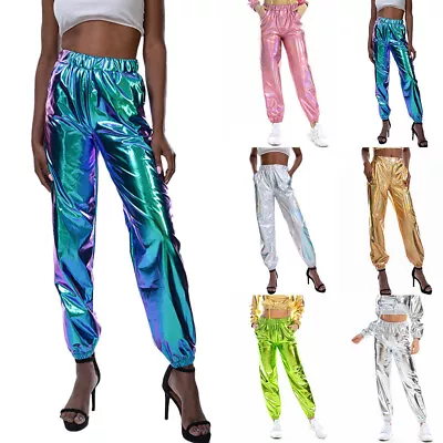 Womens Wet Look Trousers Joggers Hippie Harem Pants Party Club Dancing Costume • £9.39