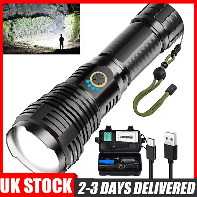 LED Torch Light USB Rechargeable Zoomable Flashlight 100000LM Camping Lamp • £21.89
