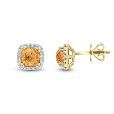£397 • Buy 9CT Yellow Gold Cushion Citrine & Diamond Cluster Earrings
