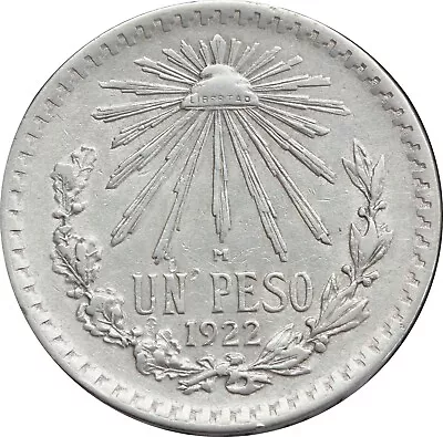 Mexico 1 Pesos 1922 Cap And Rays .720 Silver KM# 455. (sku2) • $30