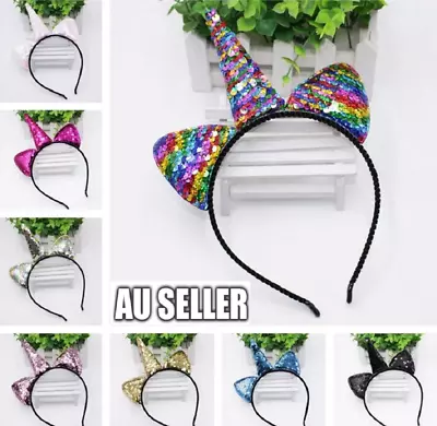 $5.99 • Buy Unicorn Rainbow Sequins EARS HEADBAND COSTUME Bow Fancy Dress Unisex Party F