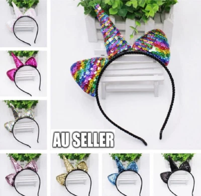 $4.99 • Buy Unicorn Rainbow Sequins EARS HEADBAND COSTUME Bow Fancy Dress Unisex Party F