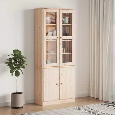 Natural Solid Pine Cabinet Cupboard Tall Display Storage Glass Doors Shelving • £289.95