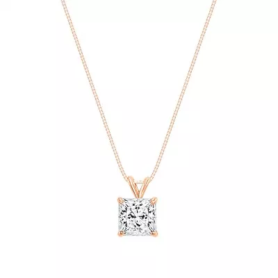 1.50 Ct Princess Cut Solid Real 14K Rose Gold Solitaire Pendant 18  Necklace • $209.97