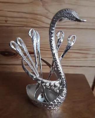 Vintage Inspired Folk Set With Swan Stand Metal Silver Colour Coffee Tea Spoons= • £16.99