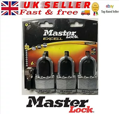 Master Lock 3x MLKM5TRILF Excell Laminated Steel 50mm Padlock 38mm Shackle Key • £29.99